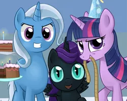 Size: 1280x1024 | Tagged: safe, artist:gsphere, derpibooru import, trixie, twilight sparkle, oc, oc:nyx, alicorn, pony, unicorn, fanfic:past sins, alicorn oc, cake, candle, female, filly, hat, looking at you, mare, mouth hold, party hat, rope, trio