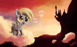 Size: 1920x1189 | Tagged: safe, artist:br0ny, derpibooru import, derpy hooves, pegasus, pony, blank flank, bubble, canterlot, cloud, cloudy, female, filly, filly derpy, foal, hooves, on a cloud, photoshop, solo, spread wings, standing on cloud, wallpaper, wings, younger