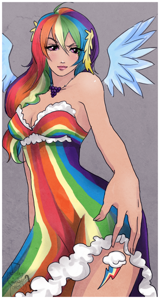 Size: 454x845 | Tagged: artist:songoftheshoebox, breasts, clothes, derpibooru import, dress, female, gala, gala dress, human, humanized, rainbow dash, safe, side slit, skinny, solo, winged humanization