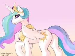 Size: 1083x819 | Tagged: safe, artist:edef, derpibooru import, princess celestia, alicorn, pony, female, gradient background, grin, looking at you, looking back, mare, plot, raised hoof, smiling, solo, sunbutt