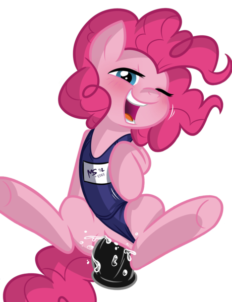 Size: 1983x2588 | Tagged: explicit, artist:megasweet, derpibooru import, edit, pinkie pie, earth pony, pony, blushing, clothes, dildo, dildo sitting, female, insertion, mare, masturbation, nudity, one eye closed, one-piece swimsuit, school swimsuit, sex toy, solo, solo female, squirting, sukumizu, swimsuit, vaginal insertion, vaginal secretions, vulva