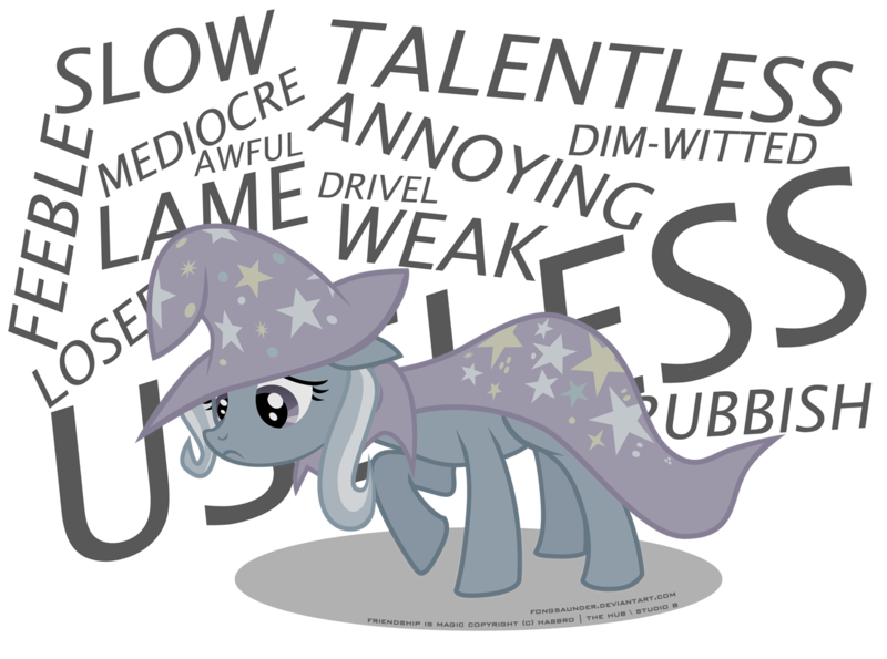 Size: 1280x952 | Tagged: safe, artist:fongsaunder, derpibooru import, trixie, pony, unicorn, abuse, bullying, cape, clothes, cruel, discorded, disembodied thoughts, feels, female, floppy ears, frown, hat, hate, insult, looking down, mare, raised hoof, sad, signature, simple background, solo, teasing, text, this will end in school shooting, transparent background, trixie's cape, trixie's hat, trixiebuse, walking, wizard hat
