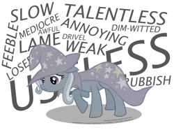 Size: 1280x952 | Tagged: safe, artist:fongsaunder, derpibooru import, trixie, pony, unicorn, abuse, bullying, cape, clothes, cruel, discorded, disembodied thoughts, feels, female, floppy ears, frown, hat, hate, insult, looking down, mare, raised hoof, sad, signature, simple background, solo, teasing, text, this will end in school shooting, transparent background, trixie's cape, trixie's hat, trixiebuse, walking, wizard hat