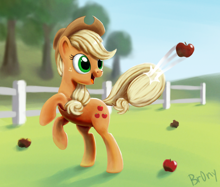 Size: 1000x850 | Tagged: safe, artist:br0ny, derpibooru import, applejack, earth pony, pony, apple, female, fence, happy, mare, photoshop, rearing, solo