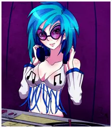 Size: 700x797 | Tagged: artist:songoftheshoebox, cleavage, derpibooru import, female, headphones, human, humanized, looking at you, safe, solo, turntable, vinyl scratch