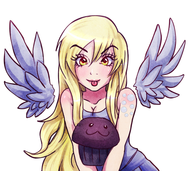 Size: 686x617 | Tagged: safe, artist:songoftheshoebox, derpibooru import, derpy hooves, human, :3, alternative cutie mark placement, female, humanized, looking at you, muffin, solo, tongue out, winged humanization