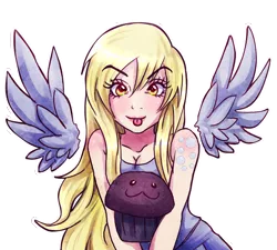 Size: 686x617 | Tagged: safe, artist:songoftheshoebox, derpibooru import, derpy hooves, human, :3, alternative cutie mark placement, female, humanized, looking at you, muffin, solo, tongue out, winged humanization