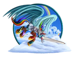 Size: 1024x795 | Tagged: safe, artist:tsitra360, derpibooru import, rainbow dash, pegasus, pony, armor, female, flying, mare, mouth hold, solo, sword, weapon