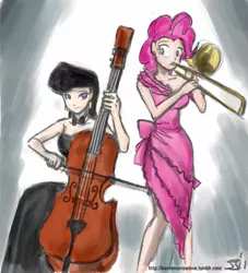 Size: 909x1000 | Tagged: artist:johnjoseco, artist:michos, cello, clothes, derpibooru import, dress, duo, female, human, humanized, musical instrument, octavia melody, pinkie pie, safe, trombone