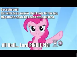 Size: 960x720 | Tagged: safe, derpibooru import, edit, edited screencap, screencap, pinkie pie, earth pony, pony, decepticon, female, hub logo, hubble, image macro, mare, meme, roflbot, solo, the hub, transformers