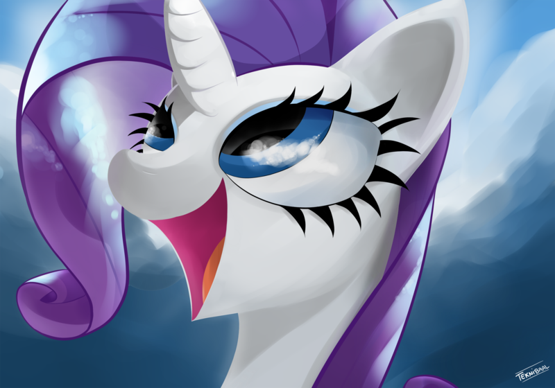Size: 2500x1750 | Tagged: safe, artist:teknibaal, derpibooru import, rarity, pony, unicorn, amazed, bust, female, looking up, mare, open mouth, portrait, smiling, solo, three quarter view, wahaha