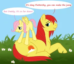 Size: 900x780 | Tagged: safe, artist:cartoonlion, derpibooru import, fluttershy, sunburst (g1), earth pony, pegasus, pony, family, father, father and daughter, female, filly, foal, g1, grass, male, prone, stallion