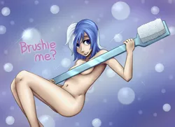 Size: 1280x934 | Tagged: abstract background, artist:7nights, belly button, breasts, brush, brushie, bubble, derpibooru import, female, human, humanized, looking at you, minuette, nudity, smiling, solo, solo female, strategically covered, suggestive, toothbrush