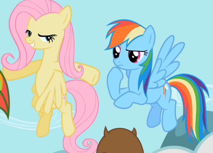 Size: 703x505 | Tagged: safe, derpibooru import, screencap, fluttershy, rainbow dash, pegasus, pony, may the best pet win, duo, female, flying, lidded eyes, mare, out of context