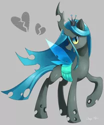 Size: 1118x1353 | Tagged: safe, artist:jiayi, derpibooru import, queen chrysalis, changeling, changeling queen, blue changeling, fangs, female, frown, image, looking at you, png, raised hoof, signature, simple background, smiling, solo, standing