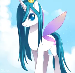 Size: 600x584 | Tagged: safe, artist:jiayi, derpibooru import, queen chrysalis, oc, oc:papillon, flutter pony, cute, cutealis, female, flutter pony alicorn, hair over one eye, image, png, princess chrysalis, signature, solo