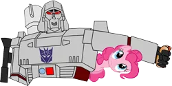 Size: 885x442 | Tagged: artist needed, safe, derpibooru import, pinkie pie, earth pony, pony, duo, female, food, hot dog, image, mare, meat, megatron, png, sausage, transformers, transformers generation 1