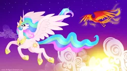 Size: 1360x768 | Tagged: safe, artist:b-pegasi, derpibooru import, philomena, princess celestia, alicorn, phoenix, pony, cloud, cloudy, duo, female, flying, looking back, mare, open mouth, smiling, spread wings, sun