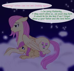 Size: 866x828 | Tagged: dead source, safe, artist:cartoonlion, derpibooru import, fluttershy, posey, pegasus, pony, cloud, cutie mark, family, female, filly, foal, g1, lying down, lying on a cloud, mare, mother and daughter, night, on a cloud, prone, race swap, sad, speech bubble, wing blanket, wings