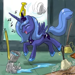 Size: 900x900 | Tagged: safe, artist:johnjoseco, derpibooru import, princess luna, alicorn, pony, brush, bucket, cleaning, dancing, eyes closed, female, happy, mare, mop, photoshop, s1 luna, solo, working