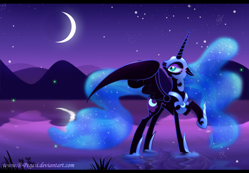 Size: 1360x945 | Tagged: safe, artist:b-pegasi, derpibooru import, nightmare moon, alicorn, pony, female, looking back, mare, moon, night, reflection, solo, stars, water