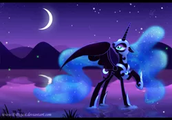 Size: 1360x945 | Tagged: safe, artist:b-pegasi, derpibooru import, nightmare moon, alicorn, pony, female, looking back, mare, moon, night, reflection, solo, stars, water