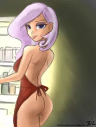 Size: 610x813 | Tagged: suggestive, artist:deeriojim, artist:johnjoseco, color edit, derpibooru import, edit, fleur-de-lis, human, apron, ass, bedroom eyes, breasts, butt, clothes, colored, eyeshadow, female, fleur-de-rriere, humanized, looking at you, looking back, makeup, naked apron, open mouth, refrigerator, sexy, smiling, solo, solo female, stupid sexy fleur-de-lis, tongue out