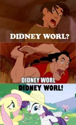 Size: 434x720 | Tagged: safe, derpibooru import, edit, edited screencap, screencap, fluttershy, rarity, pegasus, pony, unicorn, a canterlot wedding, beauty and the beast, comic, derp, didney worl, disney, female, gaston, jim hawkins, mare, screencap comic, treasure planet