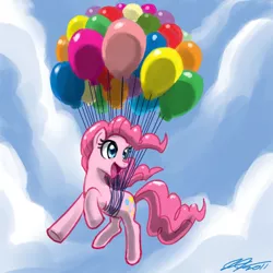 Size: 900x900 | Tagged: safe, artist:johnjoseco, derpibooru import, pinkie pie, earth pony, pony, balloon, cloud, cute, diapinkes, female, flying, happy, mare, photoshop, solo, then watch her balloons lift her up to the sky