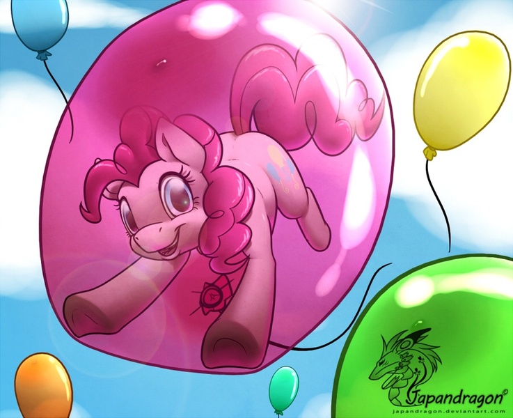 Size: 900x733 | Tagged: safe, artist:japandragon, derpibooru import, pinkie pie, earth pony, pony, balloon, bubble, cloud, female, how, inside, mare, pinkie being pinkie, pinkie pie trapped in a balloon, sky, smiling, solo, then watch her balloons lift her up to the sky, underhoof