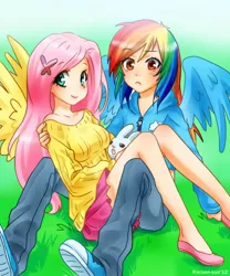 Size: 800x960 | Tagged: safe, artist:racoonsan, derpibooru import, angel bunny, fluttershy, rainbow dash, human, breasts, brown eyes, busty fluttershy, clothes, converse, cute, female, flutterdash, hairclip, humanized, jacket, legs, lesbian, midriff, shipping, shoes, sitting, skirt, sneakers, sweater, sweatershy, winged humanization, wrong eye color