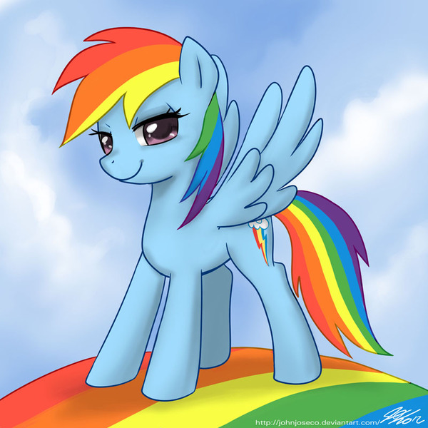 Size: 800x800 | Tagged: safe, artist:johnjoseco, derpibooru import, rainbow dash, pegasus, pony, female, mare, rainbow, smiling, solo