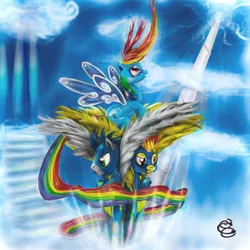 Size: 1024x1024 | Tagged: dead source, safe, artist:miradge, derpibooru import, rainbow dash, soarin', spitfire, pegasus, pony, butterfly wings, cloudsdale, female, male, mare, stallion, wings, wonderbolts