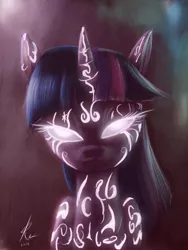 Size: 768x1024 | Tagged: safe, artist:raikoh, derpibooru import, twilight sparkle, pony, unicorn, female, glow, glowing eyes, looking at you, mare, runes, solo, tattoo