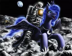 Size: 1000x773 | Tagged: safe, artist:balthasar999, derpibooru import, princess luna, alicorn, pony, astronaut, beautiful, cute, duo, earth, epic, female, fist pump, flying, humans riding ponies, luna and the nauts, mare, moon, neil armstrong, on the moon, open mouth, riding, smiling, space, spacesuit, spread wings