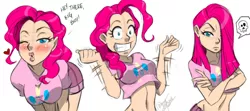 Size: 1011x447 | Tagged: artist:aeolus06, belly button, bend over, blushing, breasts, derpibooru import, female, grin, hair over one eye, human, humanized, midriff, one eye closed, pinkamena diane pie, pinkie pie, smiling, solo, solo female, suggestive