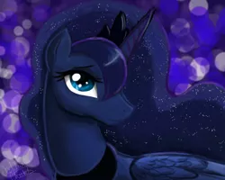 Size: 900x720 | Tagged: safe, artist:shroudofshadows, derpibooru import, princess luna, alicorn, pony, abstract background, bust, female, horn, jewelry, looking back, mare, portrait, regalia, solo, tiara, wings