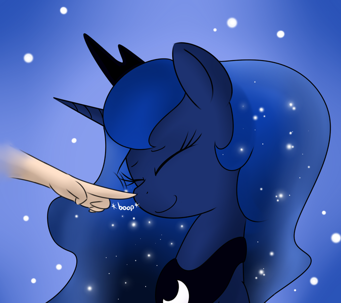 Size: 1800x1600 | Tagged: dead source, safe, artist:phon-e, derpibooru import, princess luna, alicorn, human, pony, boop, cute, disembodied hand, duo, eyes closed, female, hand, lunabetes, mare, offscreen character, offscreen human, smiling