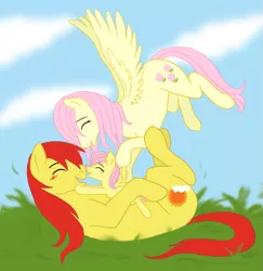 Size: 973x1000 | Tagged: safe, artist:cartoonlion, derpibooru import, fluttershy, posey, sunburst (g1), earth pony, pegasus, pony, bonding, cute, eyes closed, family, female, filly, flying, foal, g1, g1 to g4, generation leap, male, mare, on back, parent, poseybetes, race swap, shipping, shyabetes, stallion, straight, sunbetes, sunposey, wings