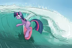 Size: 2046x1362 | Tagged: safe, artist:gsphere, derpibooru import, twilight sparkle, pony, unicorn, bipedal, female, mare, solo, surfboard, surfing, water, wave