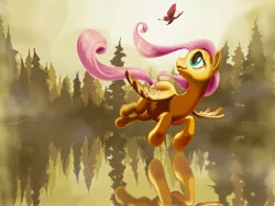 Size: 2000x1501 | Tagged: source needed, safe, artist:changeunism, derpibooru import, fluttershy, butterfly, pegasus, pony, female, flying, forest, lake, looking at something, looking up, mare, mist, reflection, scenery, smiling, solo, spread wings, tree, water