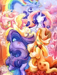 Size: 1000x1312 | Tagged: safe, artist:fleebites, derpibooru import, applejack, fluttershy, pinkie pie, rainbow dash, rarity, twilight sparkle, earth pony, pegasus, pony, rabbit, unicorn, apple, balloon, book, female, floating, flying, food, mare, mouth hold, no pupils, pincushion, psychedelic, rainbow trail, reading, surreal, then watch her balloons lift her up to the sky, thread, upside down