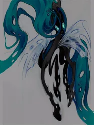 Size: 600x800 | Tagged: safe, artist:fleebites, derpibooru import, queen chrysalis, changeling, changeling queen, fangs, female, glowing eyes, image, jpeg, looking at you, solo, surreal, traditional art