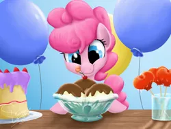 Size: 1024x768 | Tagged: safe, artist:shadeysix, derpibooru import, pinkie pie, earth pony, pony, :p, alternate hairstyle, artifact, balloon, cake, candy, cherry, crepuscular rays, eyes on the prize, female, filly, food, ice cream, licking lips, photoshop, smiling, solo, strawberry, tongue out
