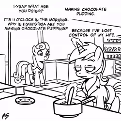 Size: 945x945 | Tagged: safe, artist:megasweet, derpibooru import, bon bon, lyra heartstrings, sweetie drops, earth pony, pony, unicorn, bathrobe, black and white, chocolate pudding, clothes, cooking, crossover, dialogue, duo, female, food, grayscale, kitchen, lidded eyes, lineart, lost control of my life, lyra is not amused, magic, making chocolate pudding, mare, monochrome, pudding, robe, rugrats, telekinesis