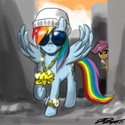Size: 900x900 | Tagged: safe, artist:johnjoseco, derpibooru import, rainbow dash, scootaloo, pegasus, pony, bling, duo, duo female, female, filly, gangsta, gangster, mare, photoshop, sunglasses