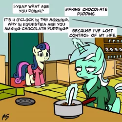 Size: 945x945 | Tagged: safe, artist:megasweet, derpibooru import, bon bon, lyra heartstrings, sweetie drops, earth pony, pony, unicorn, bathrobe, chocolate pudding, clothes, cooking, crossover, duo, female, i've lost control of my life, indoors, kitchen, lost control of my life, lyra is not amused, making chocolate pudding, mare, meme, parody, pudding, robe, rugrats, secret