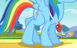 Size: 645x407 | Tagged: safe, derpibooru import, screencap, rainbow dash, pegasus, pony, hurricane fluttershy, animated, correct leg anatomy, cutie mark, female, gif, legs, mare, solo, spread wings, stretching, the robot, whistle, whistle necklace