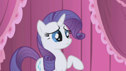 Size: 640x360 | Tagged: safe, derpibooru import, screencap, rarity, pony, unicorn, swarm of the century, animated, carousel boutique, ducking, female, gif, mare, perfect loop, saddle, scrunchy face, solo