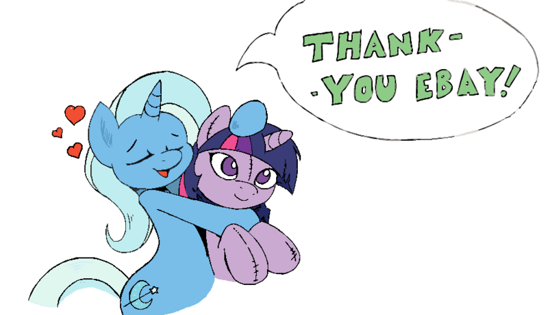 Size: 909x524 | Tagged: safe, artist:joey darkmeat, derpibooru import, trixie, twilight sparkle, pony, unicorn, equestria daily, dialogue, ebay, eyes closed, female, heart, lesbian, mare, plushie, shipping, simple background, smiling, speech bubble, transparent background, twidoll, twixie, vector